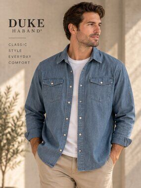 Duke Haband Men’s Blue Chambray Denim Western Snap Shirt – Size 3X